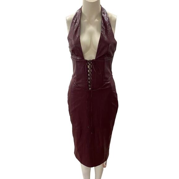 HOUSE OF CB Jaquetta Wine Vegan Leather Halter Lace Up Midi Dress - Picture 2 of 8